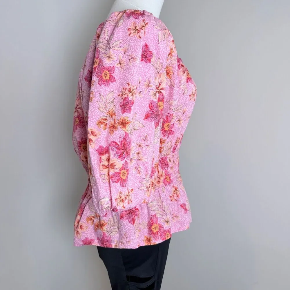 Floral Peplum Blouse Pink Puff Sleeve Cottagecore Boho Soft Modal Large by LOFT
